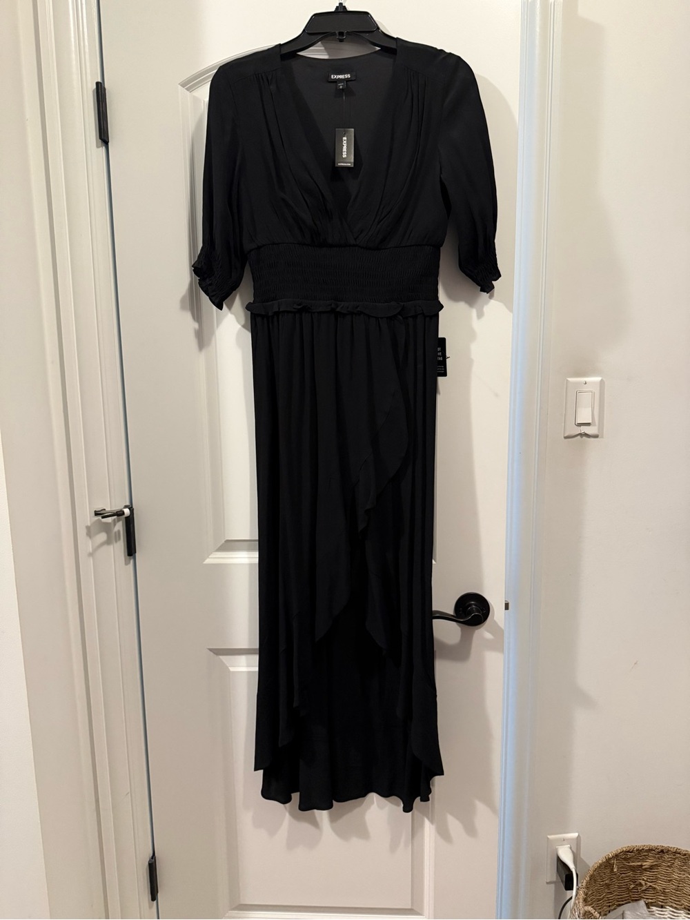 Express Black High-Low V-Neck Smocked Waist Dress